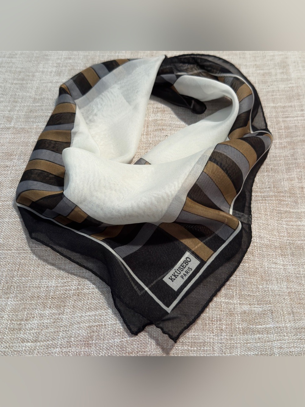 KKÚSEBO PARIS #010 Striped Silk-Blend Pocket Square Scarf/Black,White,Brown,Gray - Picture 2 of 5